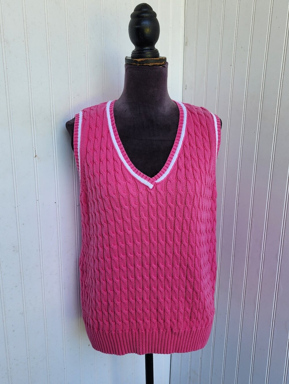VTG Leon Levin Hand Cable Knit Sweater Vest Women's White Pink Cotton Sz L